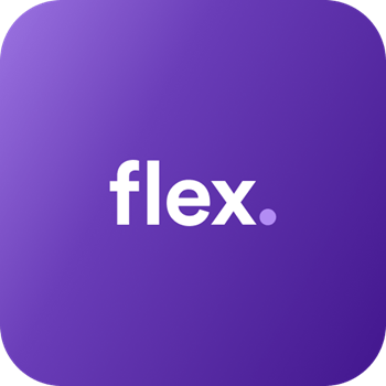 A purple square with the word flex in it.